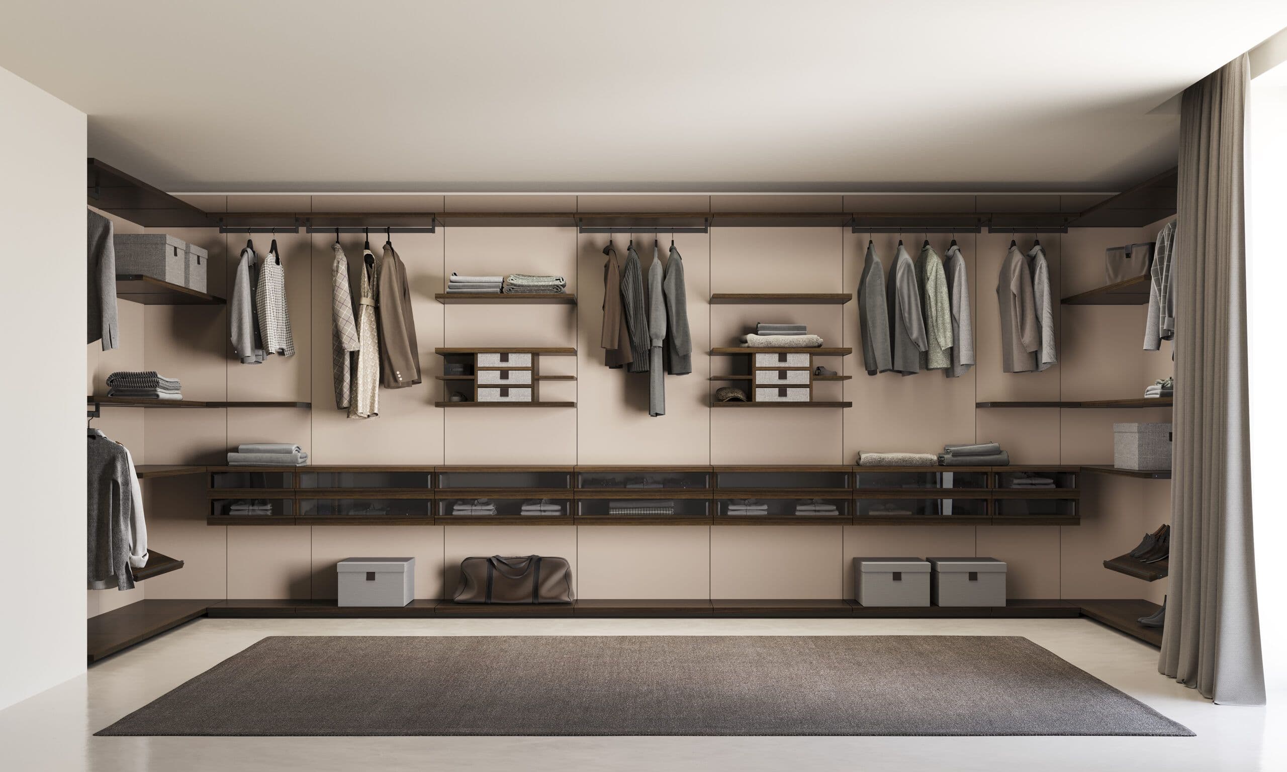 Spacious and organized walk-in closet with ample shelving and hanging space, perfect for maximizing storage in a modern home.