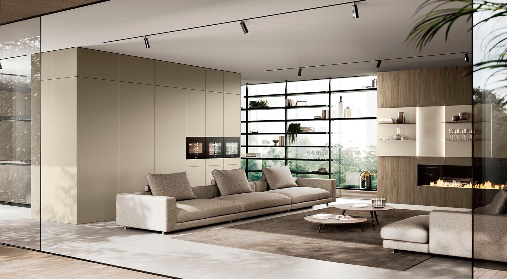 Modern living room with a cozy fireplace, large windows, custom shelving, and stylish furniture, designed by Febal Casa to showcase expert home remodeling and interior design.
