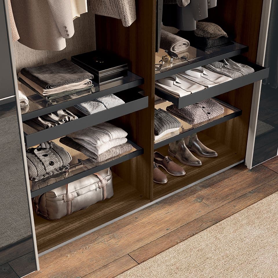 Otto sliding door in Grigio dorian melamine and Smoked Mirror insert with Grigio dorian melamine handle.